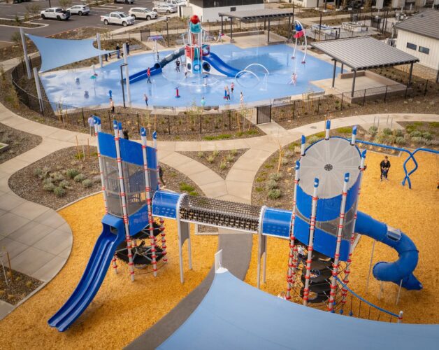 Overhead shot of playground and adjacent splash pad in Apache Junction, AZ