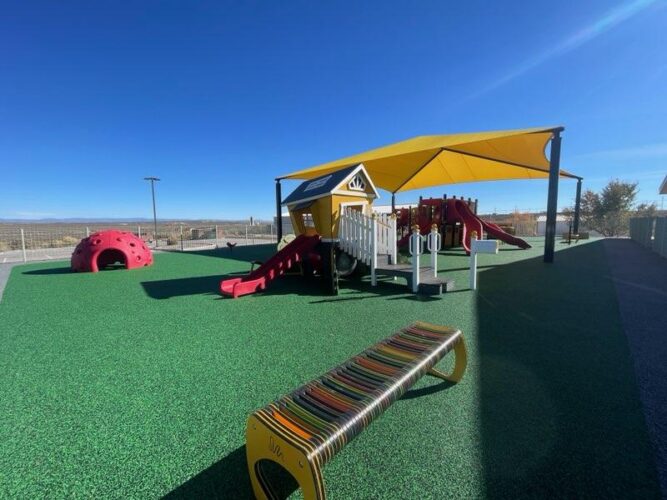 Colorful playground at Ojo Encino Day School, Cuba, New Mexico