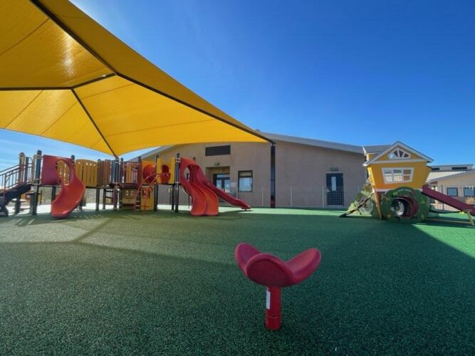 Colorful playground at Ojo Encino Day School, Cuba, New Mexico