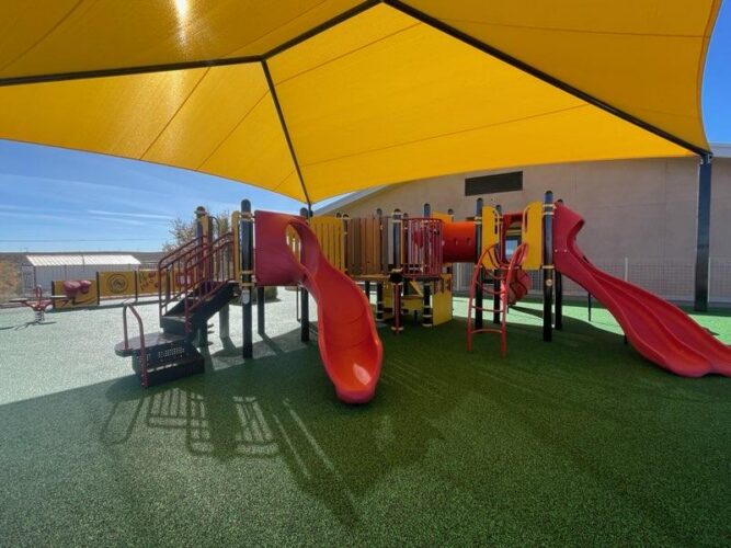 Colorful playground at Ojo Encino Day School, Cuba, New Mexico