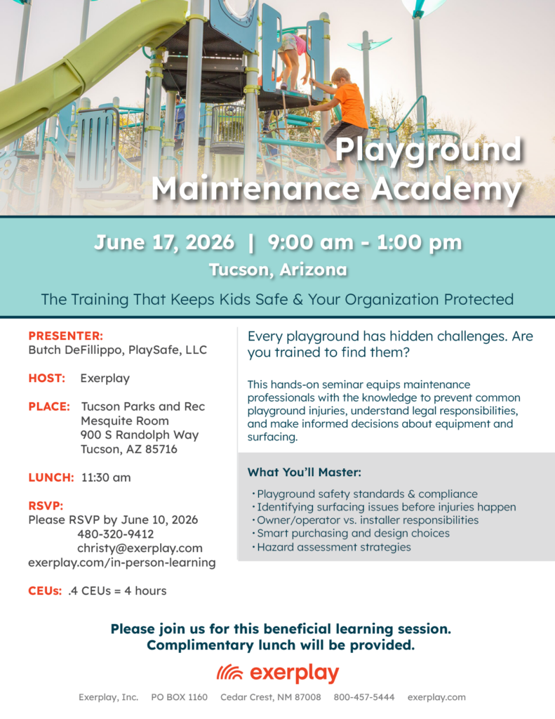 Playground Maintenance Academy Continuing Education course flyer. June 17, 2026 in Tucson, Arizona.