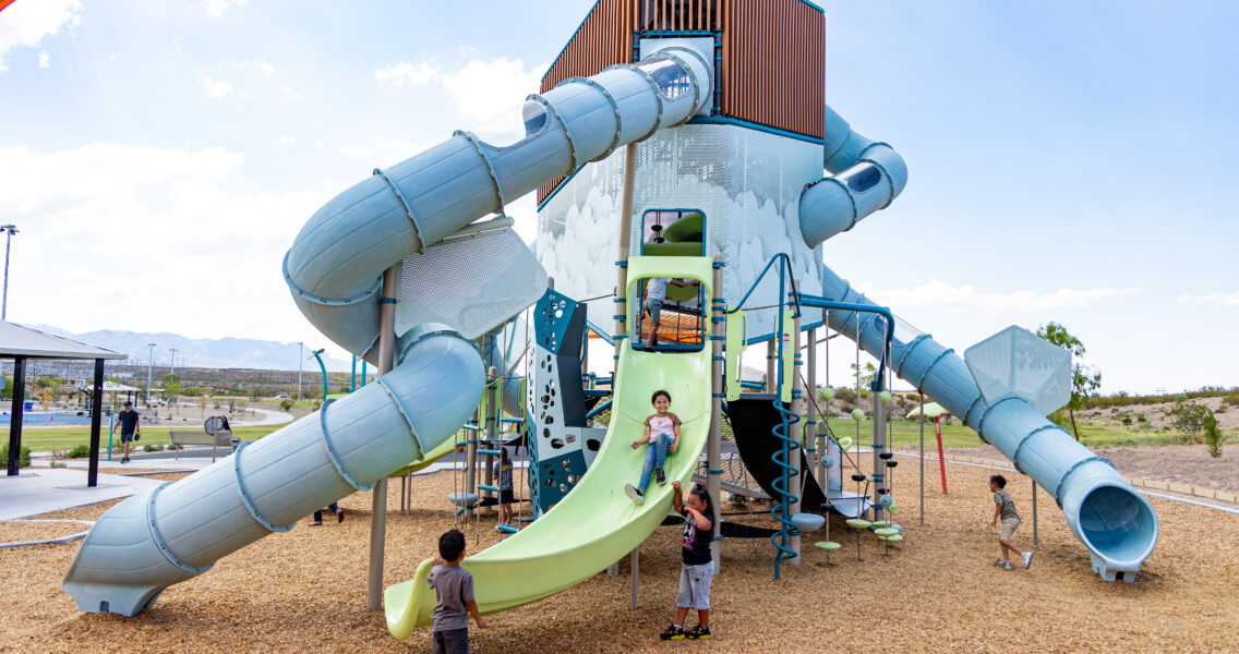 Colorful playground with tower at East Mesa Public Recreation Complex, in Las Cruces, New Mexico