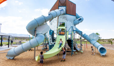 Colorful playground with tower at East Mesa Public Recreation Complex, in Las Cruces, New Mexico