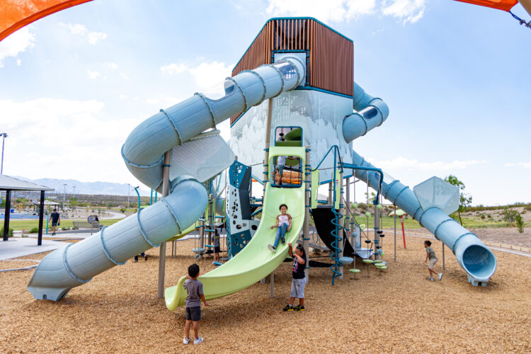Colorful playground with tower at East Mesa Public Recreation Complex, in Las Cruces, New Mexico
